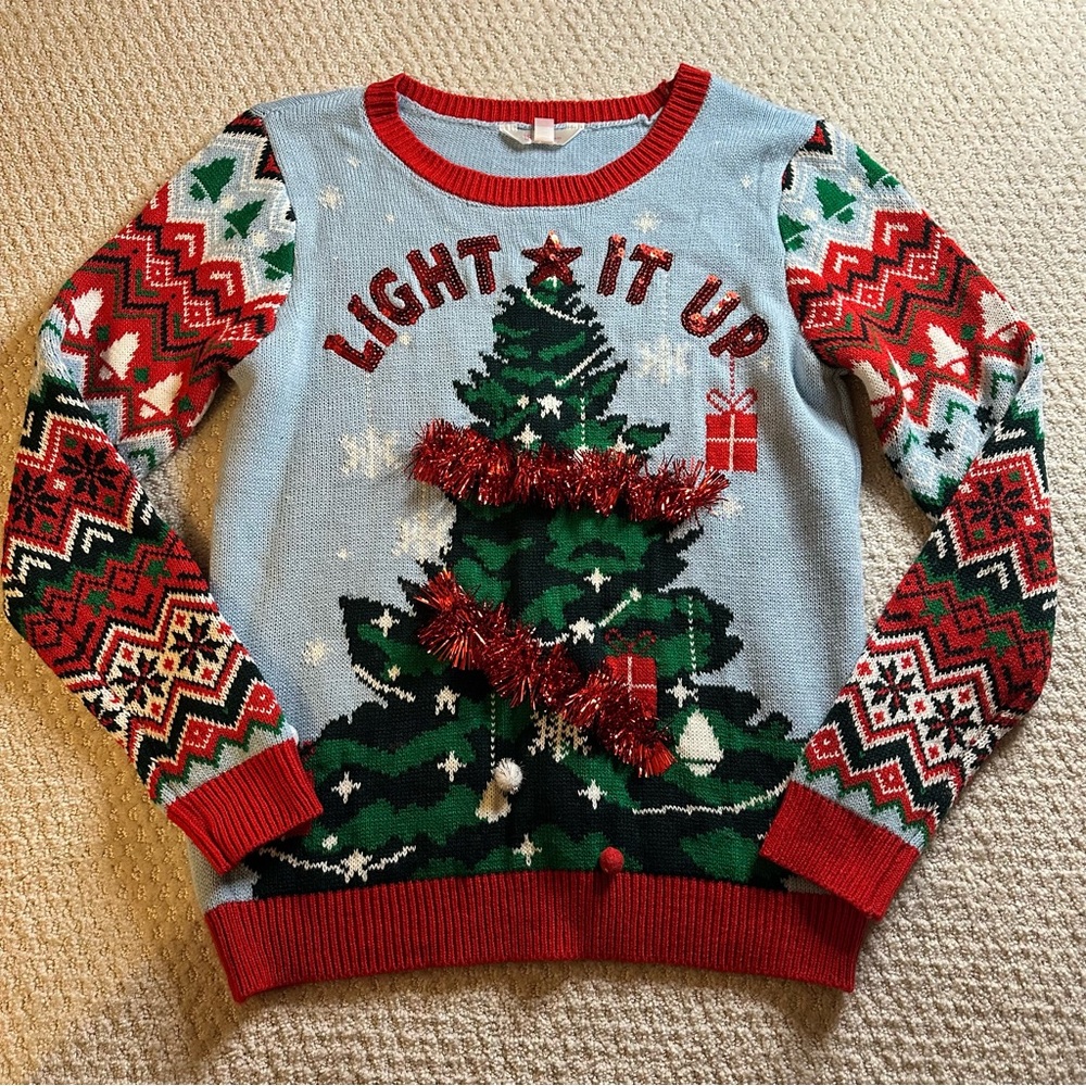 Ugly Christmas Sweater No Boundaries, Junior Size Large (11-13), 3D Decor